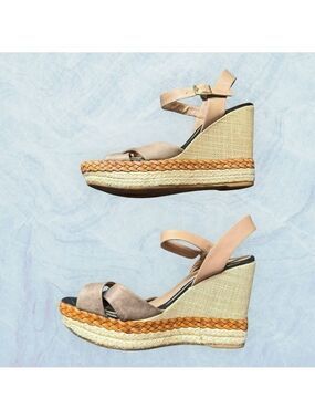 Kanna mixed leather straw wedge espadrilles sandals tan size 6.5 trendy comfy